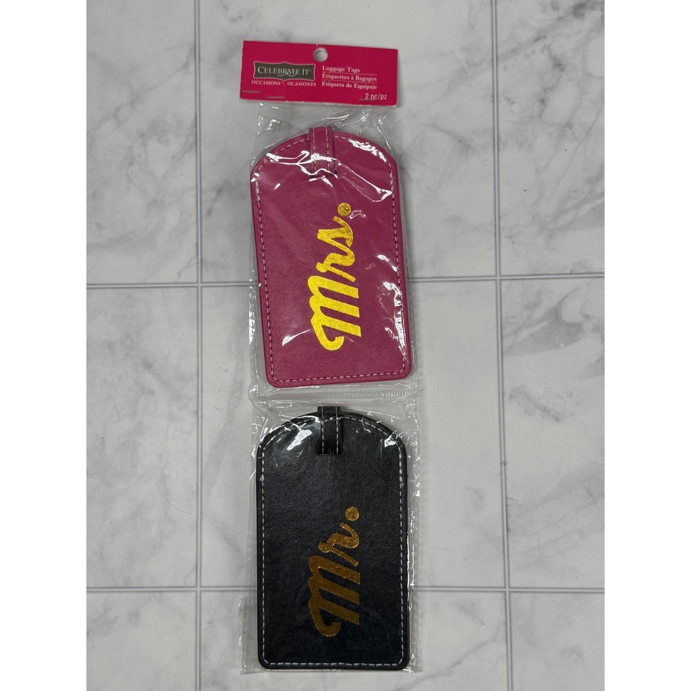 Celebrate It Mr and Mrs Luggage Tags Set 2pc Pink Black Gold Faux Leather NWT